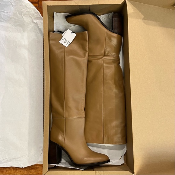 Zara Brown Heeled Knee High Leather Boots - Picture 10 of 17